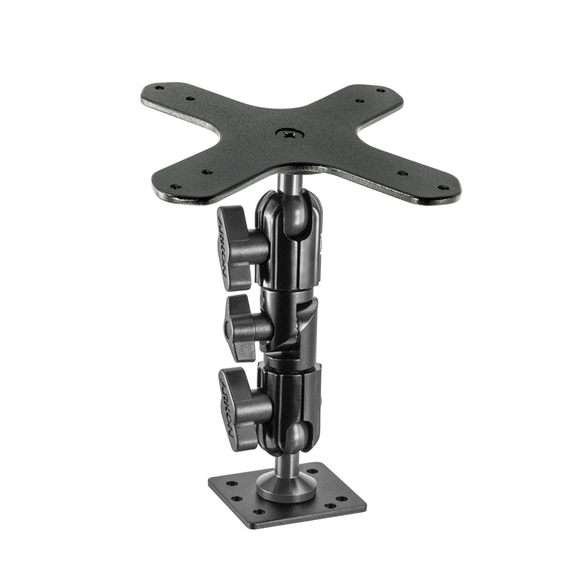 Heavy-Duty Multi-Angle Drill-Base Mounting Pedestal for VESA 75/VESA 100 compatible devices features adjustable arms, swivel joints, and a flat base for secure surface attachment.