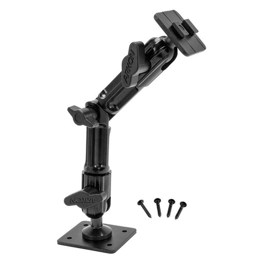 The Heavy-Duty Multi-Angle Drill-Base Mounting Pedestal with 8 Arm – Dual-T Compatible is a black, adjustable AMPS-pattern mount with a flat base and four screws, ideal for securely mounting tablets or devices. Shown against a white background.