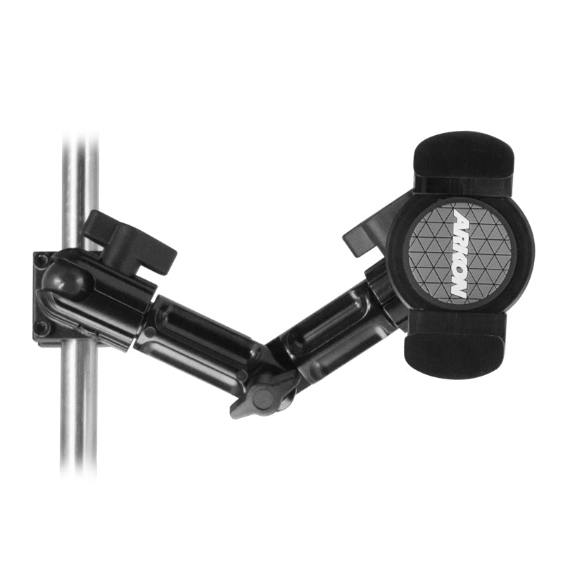 The Heavy-Duty Multi-Angle Headrest Mount features a black adjustable arm with a round Akron phone and midsize tablet holder, easily attaching to vertical metal poles for convenient rear seat entertainment.