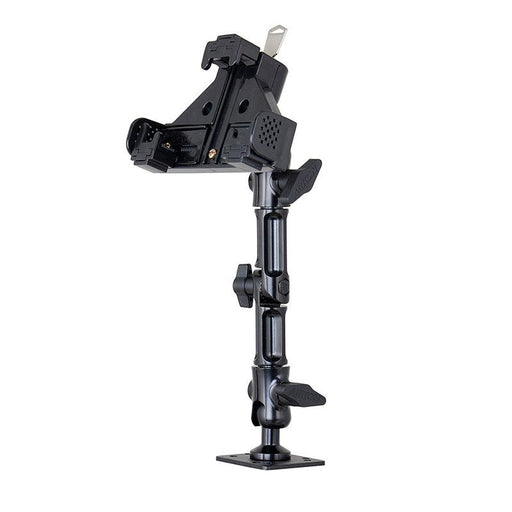 The LockVise™ Locking Phone Mount with 4-Hole AMPS Drill Base features a black adjustable bracket with multiple joints and knobs, providing a secure universal mount to hold your device upright.