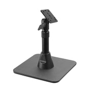 The Heavy-Duty Pedestal Stand features a weighted base, vertical pole, adjustable telescoping arm, and swiveling 4-hole AMPS compatible plate for secure device or equipment attachment.