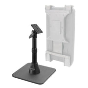 The Heavy-Duty Pedestal Stand with Weighted Base and Telescoping Arm (4-Hole AMPS Compatible) is shown alongside a white wall-mount or protective enclosure, ideal for securely holding a tablet or display device.