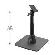 The Heavy-Duty Pedestal Stand with Weighted Base and Telescoping Arm features a 4-hole AMPS-compatible square mounting plate and stands 9.75 inches (248mm) tall, as shown by the arrow and measurement label from base to top.