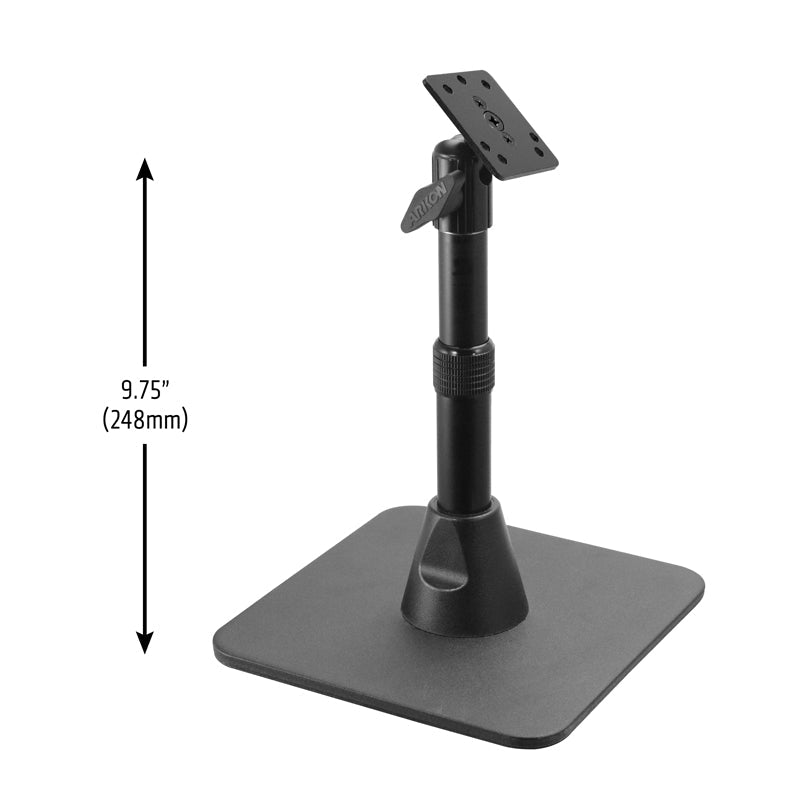 The Heavy-Duty Pedestal Stand with Weighted Base and Telescoping Arm features a 4-hole AMPS-compatible square mounting plate and stands 9.75 inches (248mm) tall, as shown by the arrow and measurement label from base to top.