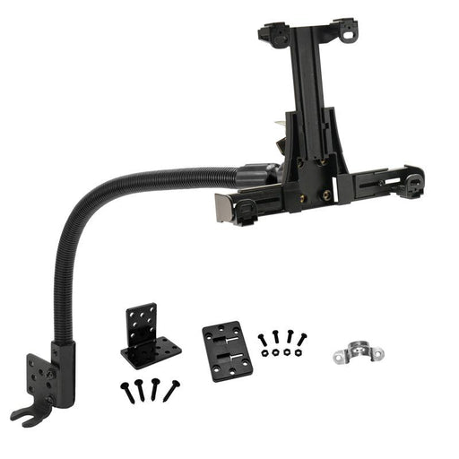 The LockVise™ Locking Seat Rail Tablet Mount with 22 Gooseneck features a flexible black mounting arm, adjustable clamp bracket, screws, and mounting plates—perfect for securely holding your device or ELD in vehicles.