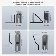 Four heavy-duty seat rail or floor mounting brackets for the 22 adjustable Dual-T compatible pedestal are shown from several angles, with measurements and features highlighted to show compatibility with most seat rail setups. Text: Includes multiple bracket options.