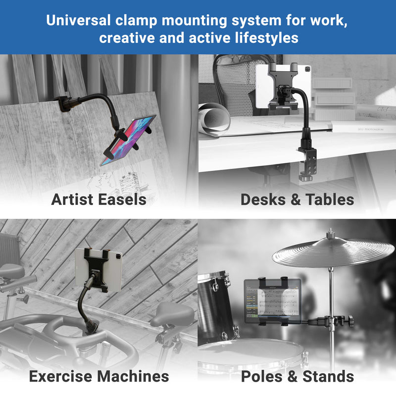 The Heavy-Duty Slim-Grip® Tablet Clamp Mount secures tablets on artist easels, desks, exercise machines, and drum sets, offering versatile support for work, creativity, and active lifestyles.