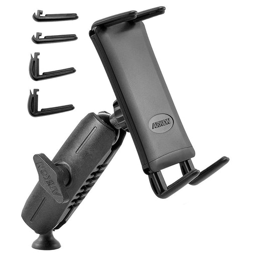 To the left is the Slim-Grip® Ultra Phone and Midsize Tablet Tripod Mount in black, featuring ARION branding. It includes a mounting arm, clamp, and four interchangeable grip attachments for adjustable compatibility.