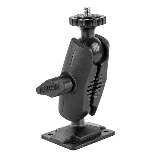 The Heavy-Duty Small Drill-Base Camera Mount features a black adjustable bracket with an AMPS pattern base, base plate, swivel joint, textured adjustment knob, and Arkon branding on the side lever.