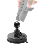 A hand presses a lever on the 80mm Windshield Sticky Suction Base to 25mm Ball, featuring a black mount with an 80mm suction base and round knob, displayed against a white background.