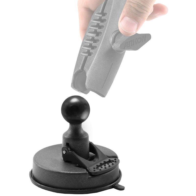 A hand presses a lever on the 80mm Windshield Sticky Suction Base to 25mm Ball, featuring a black mount with an 80mm suction base and round knob, displayed against a white background.