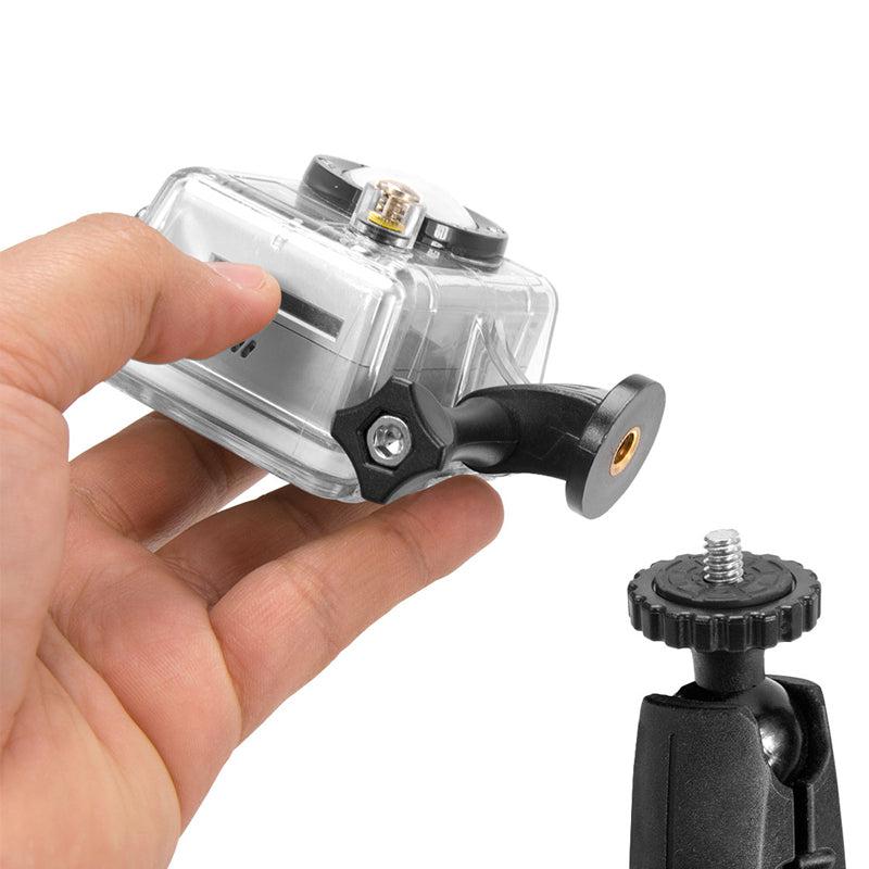 A hand holds a transparent protective case with a black bracket above the Heavy-Duty Sticky Suction Mount for GoPro HERO Action Cameras, ready to attach for secure, stable mounting of your device.