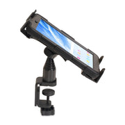The Heavy-Duty Table or Desk Tablet Clamp Mount with 4 Arm secures your device at an angle with its black adjustable clamp, featuring a screw clamp base for easy attachment to the edge of desks or tables.