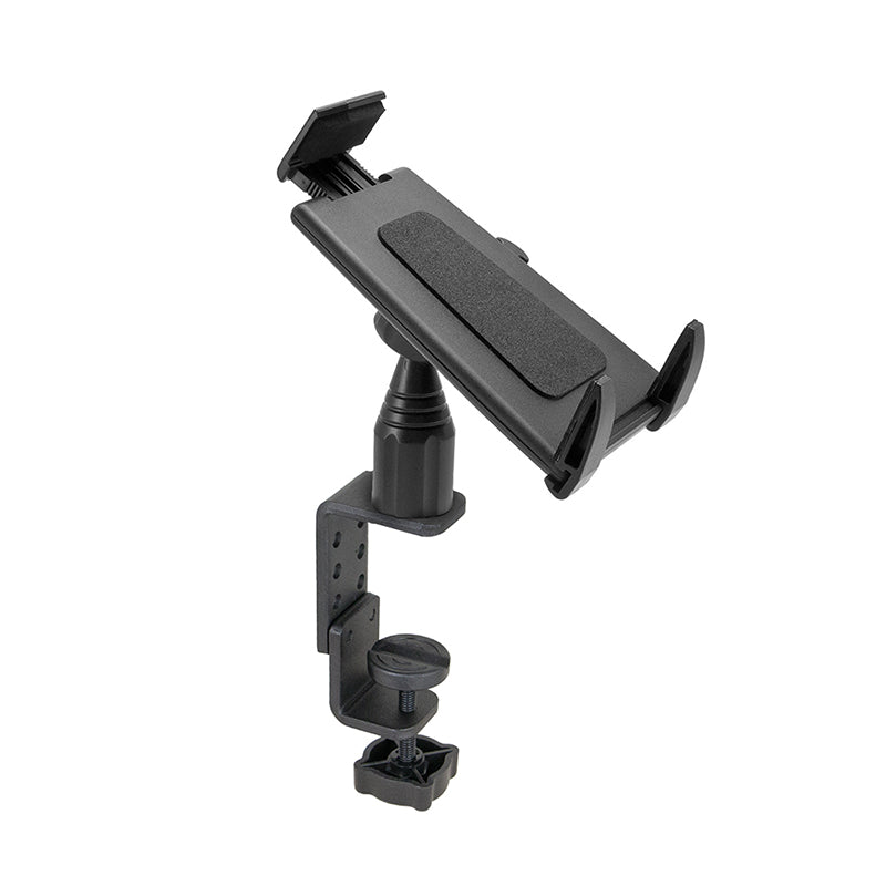 The Heavy-Duty Table or Desk Tablet Clamp Mount with 4 Arm for iPad, Note, and more features cushioned grips, an articulating arm, and a clamp base for secure mounting on desk or table edges. Ideal for positioning your device at different angles.