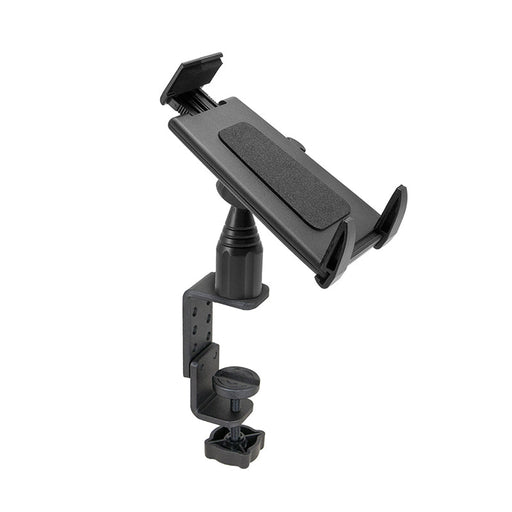 The Heavy-Duty Table or Desk Tablet Clamp Mount with 4 Arm for iPad, Note, and more features cushioned grips, an articulating arm, and a clamp base for secure mounting on desk or table edges. Ideal for positioning your device at different angles.