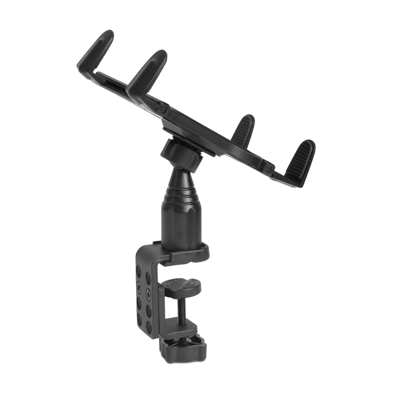 The Heavy-Duty Table or Desk Tablet Clamp Mount with 4 Arm features padded grips and a V-shaped cradle, securely holding tablets to flat surfaces—perfect as a sturdy, adjustable tablet holder for your workspace.