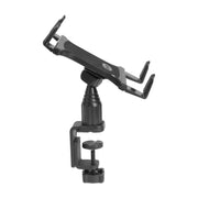 The Heavy-Duty Table or Desk Tablet Clamp Mount with 4 Arm is a black, adjustable holder with a swiveling joint, screw base for secure surface attachment, and grip pads to fit various device sizes securely.