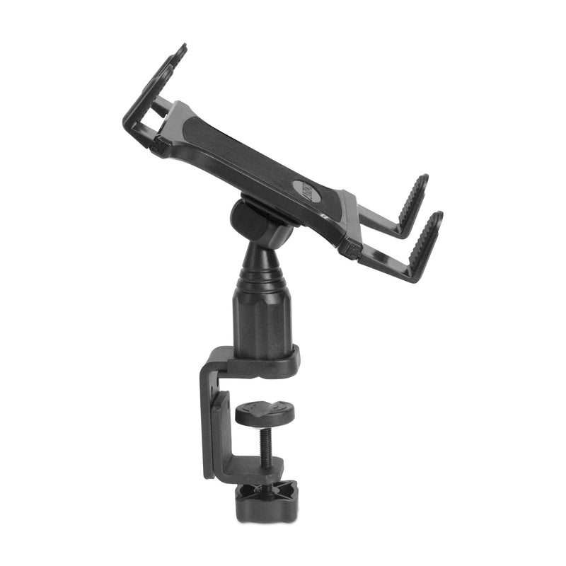 The Heavy-Duty Table or Desk Tablet Clamp Mount with 4 Arm is a black, adjustable holder with a swiveling joint, screw base for secure surface attachment, and grip pads to fit various device sizes securely.