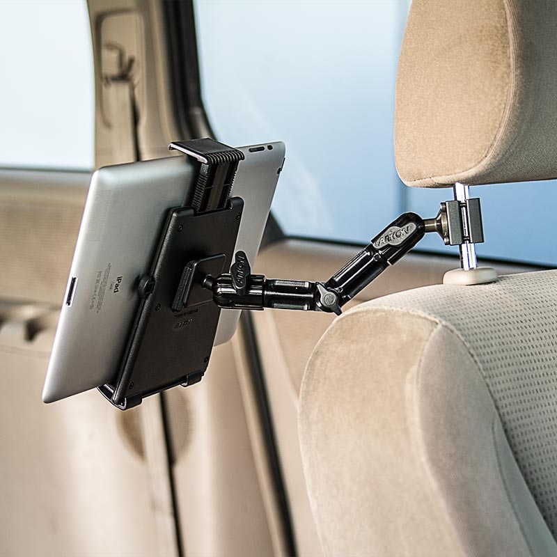 The Heavy-Duty Tablet Headrest Push-Button Multi-Angle Mount with 8 Arm secures your iPad, Note, and more to a car seat, offering hands-free rear seat entertainment for passengers.