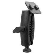 The Heavy-Duty Tripod Mount - Dual-T Compatible is a black adjustable mounting arm with a tightening knob and rectangular plates at each end, designed for securely attaching devices, accessories, or a universal smartphone holder.