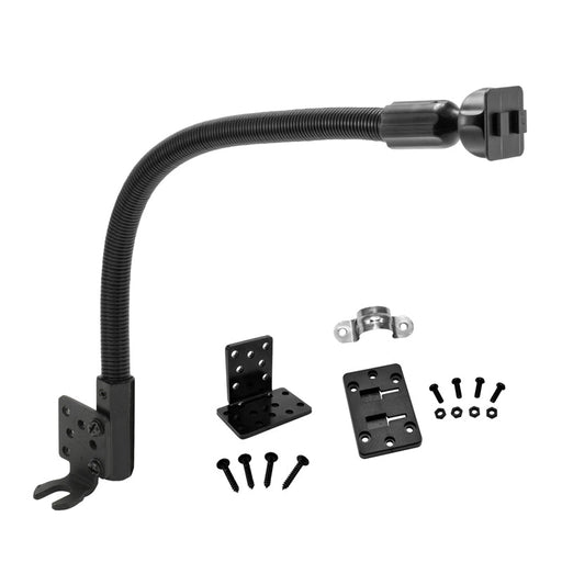 The Heavy-Duty Truck Seat Rail Floor Mount Pedestal - Dual-T Compatible features a black flexible gooseneck, multiple attachment plates, a clamp, and screws—ideal for secure, ELD-compliant device mounting in your vehicle.