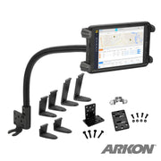 The ARKON Heavy-Duty Truck Seat Rail or Floor Slim-Grip® Tablet Mount with 22-inch Arm is a flexible, black kit with adjustable holder, mounting brackets, screws, and hardware—ideal for car or seat rail use. A tablet in the holder shows a map and data.