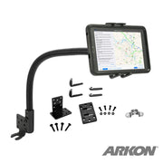 The Heavy-Duty Truck Seat Rail Slim-Grip® Ultra Mount securely holds iPad, Galaxy, Note, and more—ideal for ELD systems or as a truck seat tablet mount. An ARKON logo is visible, and a map displays on the mounted tablet.