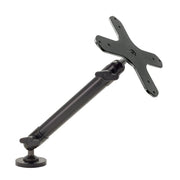 Heavy-Duty VESA 75/VESA 100 Compatible Drill-Base Mounting Pedestal with 10-inch Arm, shown in black against a white background, features an adjustable tilt-and-swivel base and locking knobs, crafted from durable aluminum for secure monitor attachment.