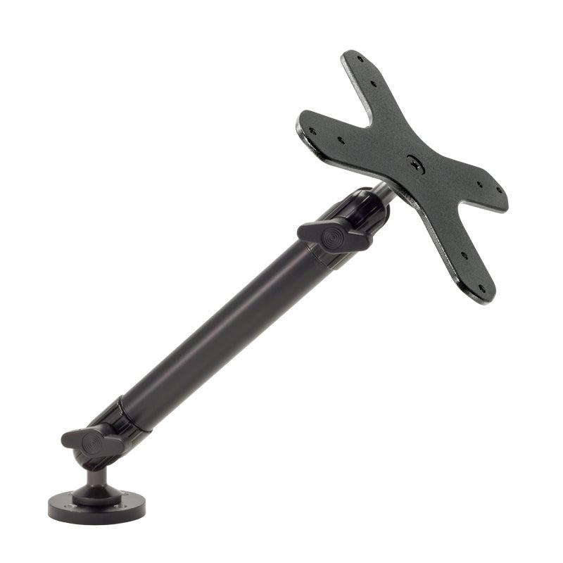 Heavy-Duty VESA 75/VESA 100 Compatible Drill-Base Mounting Pedestal with 10-inch Arm, shown in black against a white background, features an adjustable tilt-and-swivel base and locking knobs, crafted from durable aluminum for secure monitor attachment.