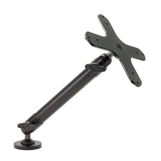 Heavy-Duty VESA 75/VESA 100 Compatible Drill-Base Mounting Pedestal with 10-inch Arm, shown in black against a white background, features an adjustable tilt-and-swivel base and locking knobs, crafted from durable aluminum for secure monitor attachment.
