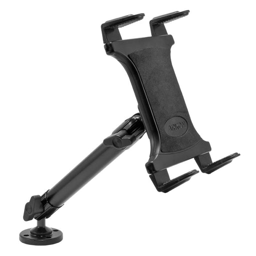 The Heavy-Duty Wall or Counter Drill-Base Tablet Mount with 10 Arm securely holds iPad, Note, and more for hands-free use. It features a sturdy clamp, adjustable arm, mounting base, and front branded logo. Ideal for both wall and counter setups.