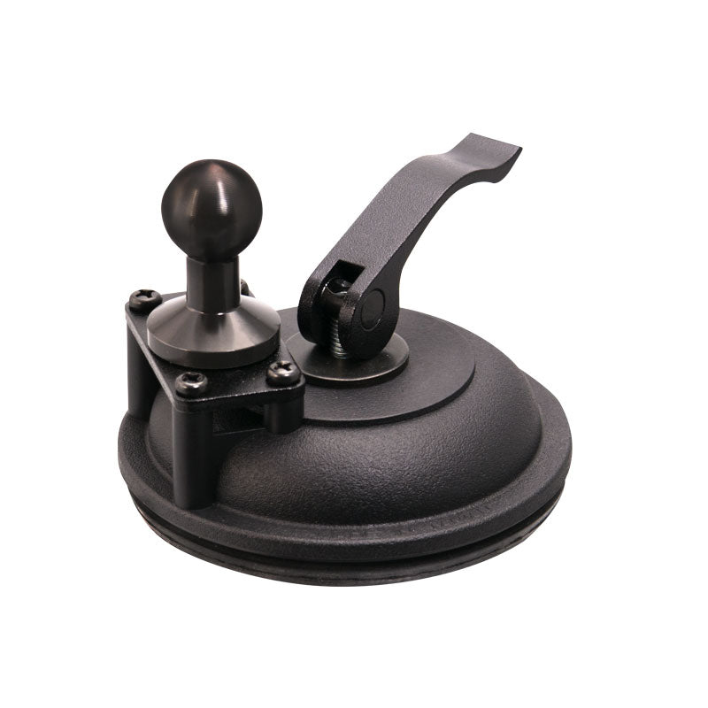 The Heavy-Duty Windshield Suction Base with Metal 20mm Ball is a black, round vacuum suction cup with lever handle and knob, built for lifting glass or smooth surfaces. Shown on a white background.