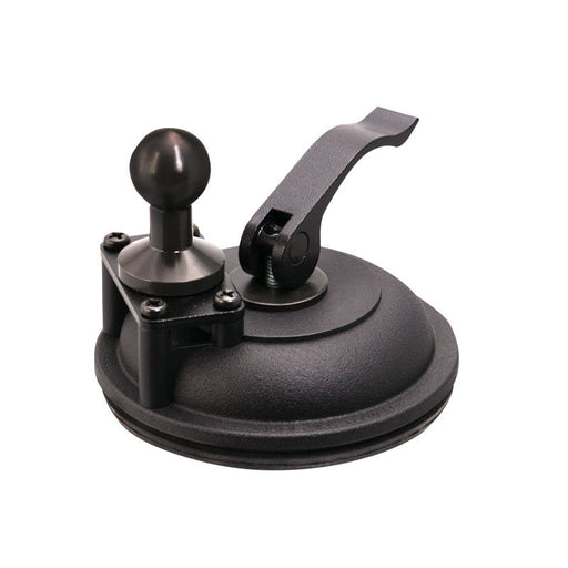 The Heavy-Duty Windshield Suction Base with Metal 20mm Ball is a black, round vacuum suction cup with lever handle and knob, built for lifting glass or smooth surfaces. Shown on a white background.