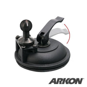 The image shows the Heavy-Duty Windshield Suction Base with Metal 20mm Ball in black, featuring a lever and 20mm ball head for mounting devices, with an arrow highlighting the movement of the lever.