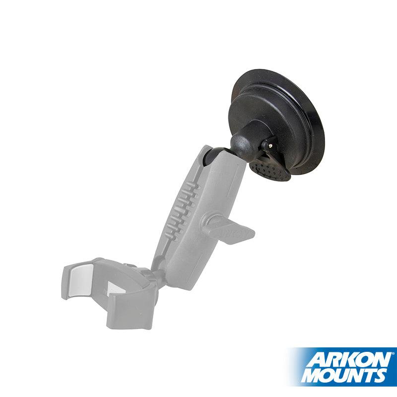 The 85mm Windshield Suction Base to 25mm Ball, a black and gray adjustable car mount, is displayed against a white background with the ARKON MOUNTS logo in the bottom right corner.