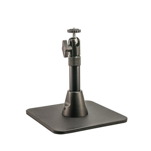 The Height-Adjustable Camera Desk Stand (7.5–9.75 in) is ideal for securing your Mevo live streaming camera, featuring a black square base, vertical pole, and tightening knobs for stability and easy setup on any desk.