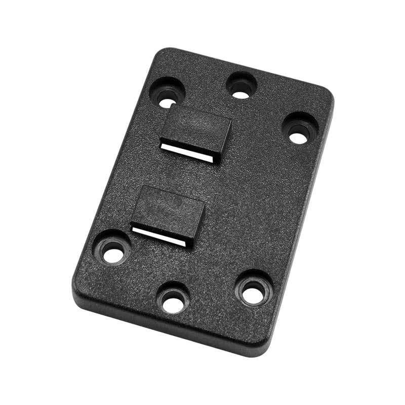 The Horizontal Male Dual T-Tab to 4-Hole Wide AMPS Adapter is a rectangular black plastic mount with two raised T-tabs and six round holes, shown on a white background.