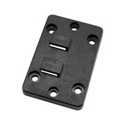 The Horizontal Male Dual T-Tab to 4-Hole Wide AMPS Adapter is a black plastic rectangular plate with six holes and two raised clips, ideal for hardware, structural fittings, or as a Dual-T-Slot holder for diverse mounting uses.