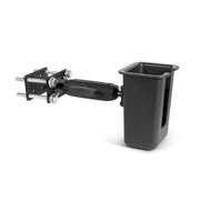The Large Barcode Holster Forklift Front Guard Mount with 5 Shaft is a black plastic holder with an adjustable bracket and arm, ideal for securely mounting scanners to flat surfaces or rails in warehouses.