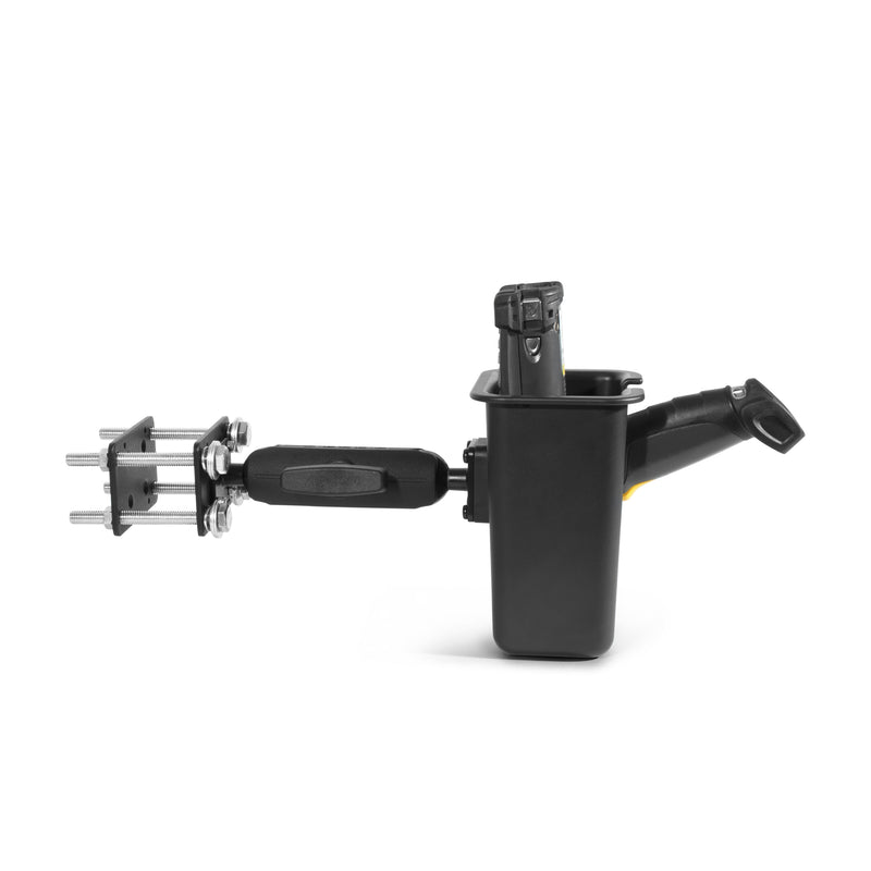 A Large Barcode Holster with a 5 shaft, designed to mount on a forklift front guard—perfect for securely holding warehouse scanners and ideal for versatile equipment storage.