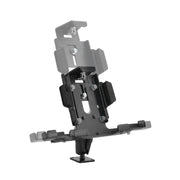 The LockVise™ Metal XL Locking Tablet Holder with Drill Base Mount features an adjustable, padded bracket and rotating base to securely hold tablets or GPS units, with visible screws for stability; ideal as an ELD compliant mount.