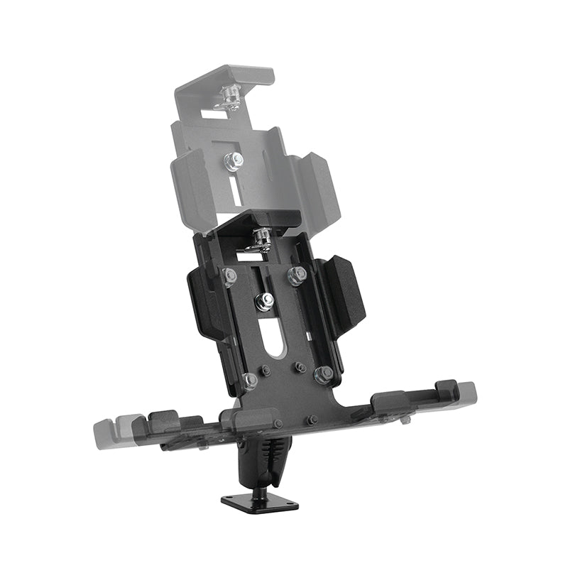 The LockVise™ Metal XL Locking Tablet Holder with Drill Base Mount features an adjustable, padded bracket and rotating base to securely hold tablets or GPS units, with visible screws for stability; ideal as an ELD compliant mount.