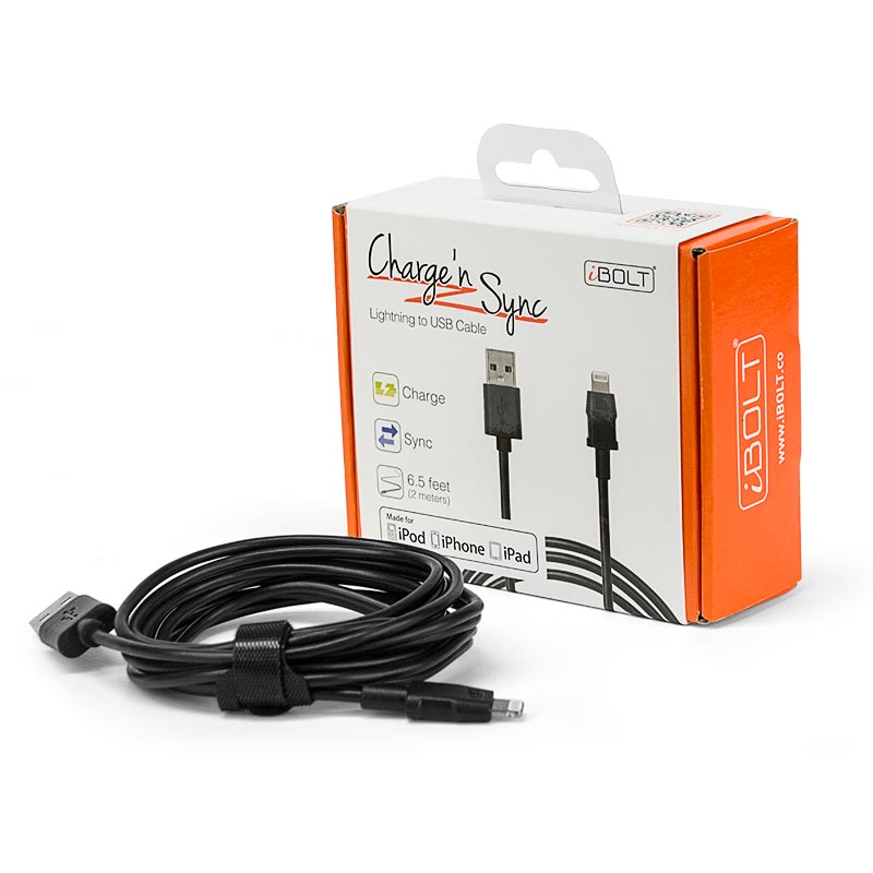 A black Lightning to USB Charging Cable for iPhone, iPad, and iPod is coiled in front of its Charge n Sync packaging, which highlights reliable charging and compatibility with Apple devices.
