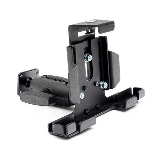 The LockVise™ Metal Locking Tablet Mount with Drill Base Mount features padded grips, metal bolts, and swivel/tilt for flexible positioning—perfect as a secure ELD tablet holder or device stand.