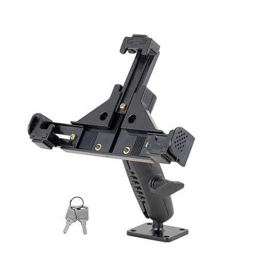 The LockVise™ Locking Phone Mount with 2.75 arm and metal AMPS drill base is shown in black, featuring an adjustable locking mechanism and two silver keys on a keyring for secure mounting.