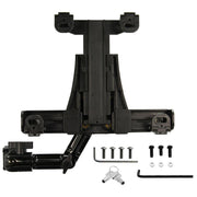 The LockVise™ Locking Car Headrest Tablet Mount with Multi-Angle 8 Arm in black includes screws, hex keys, washers, and two keys—all arranged neatly on a white background; perfect for rear seat entertainment in your car.