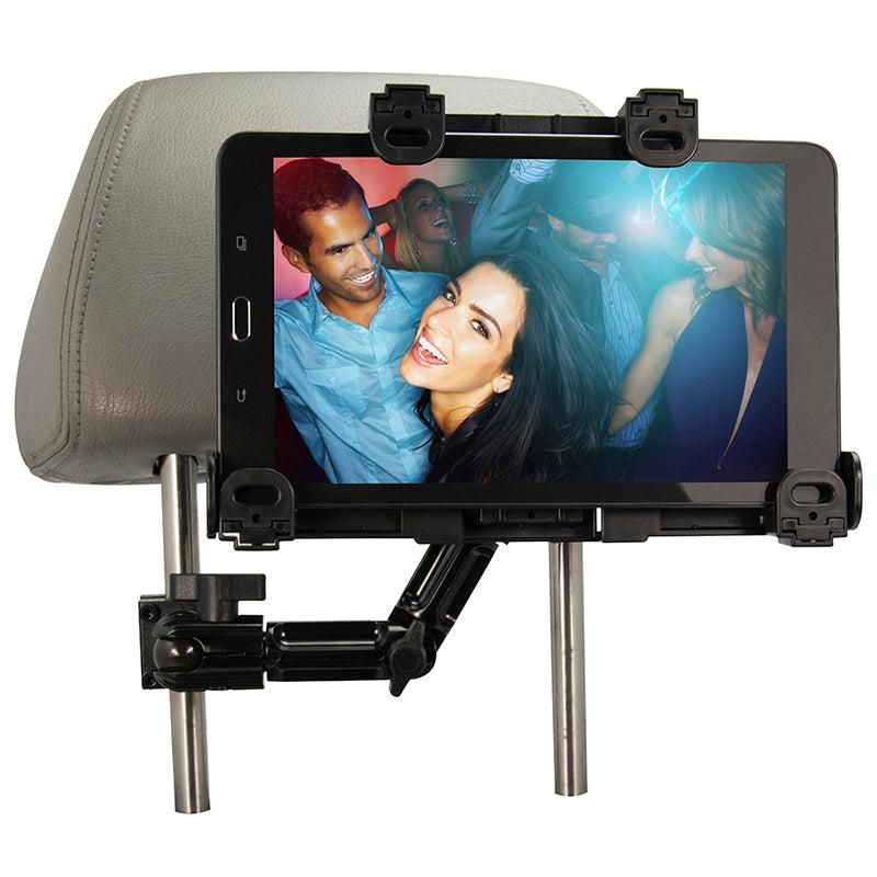 The LockVise™ Locking Car Headrest Tablet Mount with Multi-Angle 8 Arm is mounted on a grey headrest, displaying a group of people smiling and dancing at a party, with its sturdy metal locking posts visible.