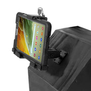 The LockVise™ Locking Tablet Mount with Case & USB Charger securely holds a Samsung Galaxy Tab A7 Lite on metal surfaces, displaying colorful app icons, while the adjustable bracket ensures stability in commercial vehicles.