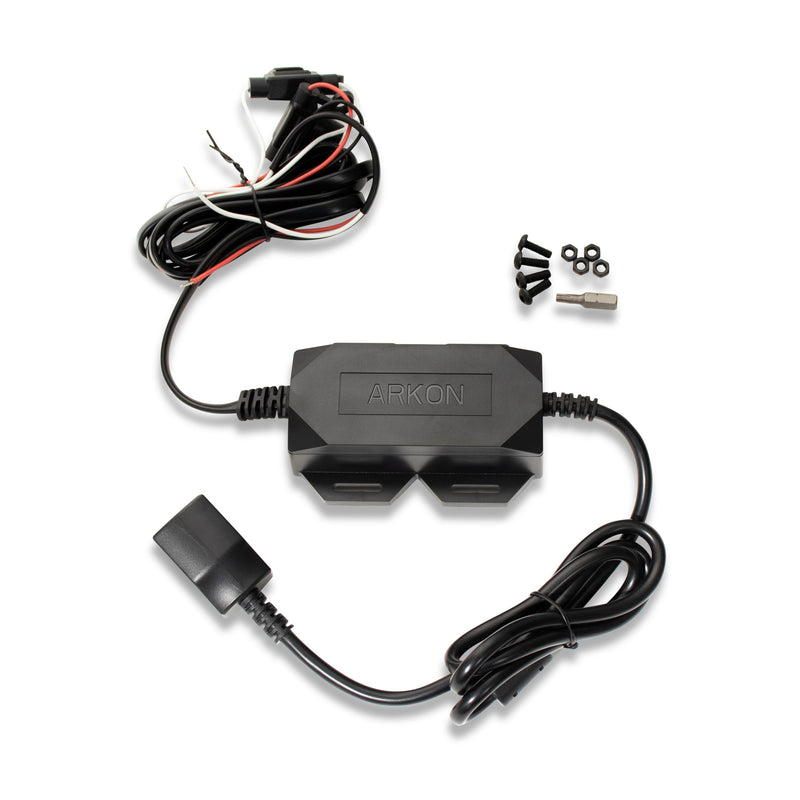 A black LockVise™ Locking Tablet Mount with Case & USB Charger for Samsung Galaxy Tab A7 Lite, featuring multiple wires, connectors, and screws on a white background. Includes two ports and installation accessories. Perfect for commercial vehicles.