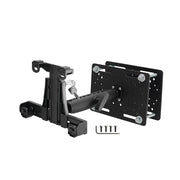 The LockVise™ Locking Forklift Overhead Guard Tablet Mount with 8.5 Metal Shaft is shown disassembled, featuring its mounting plate, arm mechanism, and screws on a white background—ideal for secure tablet placement.